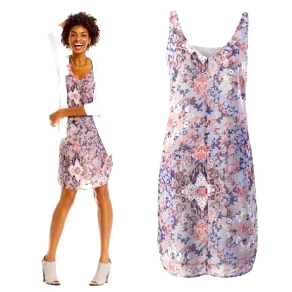 CAbi Fresco Abstract Print Mini Slip Dress Gray Purple Medium Wedding Guest - Picture 1 of 16